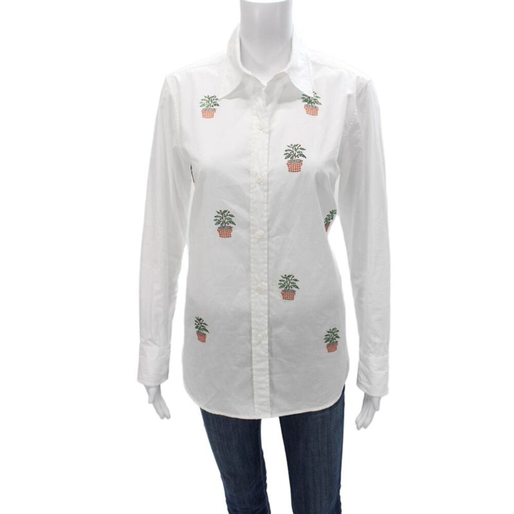 Libertine Women Long Sleeve Collared Floral Cotton Button-Up White Size S